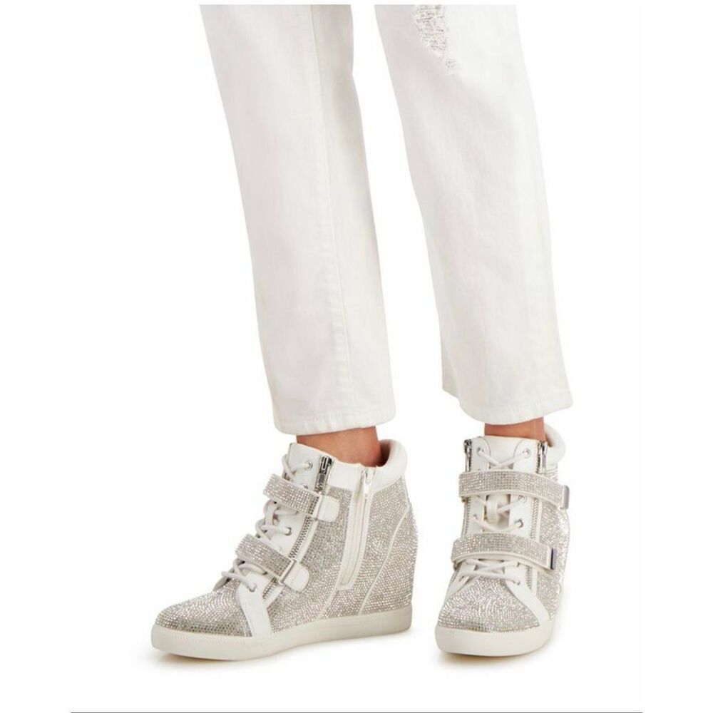 Sz 9.5 INC debby/debbie rhinestone crystal wedge fashion sneakers white/silver
